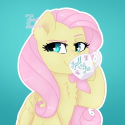 Size: 1300x1300 | Tagged: safe, artist:fanaticpanda, imported from derpibooru, fluttershy, pegasus, pony, chest fluff, cup, female, food, gossip, gradient background, hoof hold, mare, nose wrinkle, outline, raised eyebrow, sipping, smugshy, solo, tea, teacup, white outline