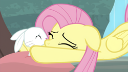 Size: 3840x2160 | Tagged: safe, imported from derpibooru, screencap, angel bunny, fluttershy, earth pony, pegasus, pony, rabbit, season 9, she talks to angel, spoiler:s09, 4k, animal, cute, duo, eyes closed, female, high res, hug, male, mare, pillow