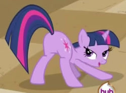 Size: 359x266 | Tagged: safe, imported from derpibooru, screencap, twilight sparkle, pony, unicorn, a canterlot wedding, season 2, butt, cropped, face down ass up, female, horn, hub logo, lidded eyes, logo, looking back, mare, out of context, plot, sexy, smiling, stupid sexy twilight, sunshine sunshine, the hub, twibutt, unicorn twilight