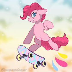 Size: 1200x1199 | Tagged: artist needed, safe, artist:bluemoon, edit, imported from derpibooru, pinkie pie, abstract background, skateboard