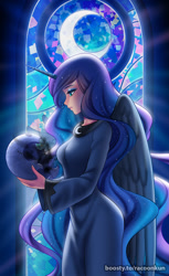 Size: 800x1304 | Tagged: safe, artist:racoonsan, imported from derpibooru, princess luna, human, alicorn humanization, clothes, dress, female, helmet, horn, horned humanization, humanized, sad, solo, winged humanization, wings