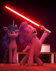Size: 739x931 | Tagged: safe, anonymous editor, edit, edited screencap, imported from derpibooru, screencap, izzy moonbow, pipp petals, pegasus, pony, unicorn, cropped, duo, g5, lightsaber, my little pony: make your mark, sith, star wars, weapon