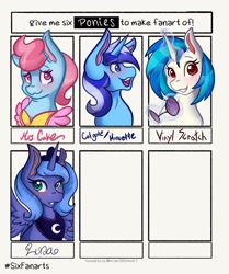 Size: 1715x2048 | Tagged: safe, artist:mscolorsplash, imported from derpibooru, cup cake, dj pon-3, minuette, princess luna, vinyl scratch, alicorn, earth pony, pony, unicorn, six fanarts, apron, clothes, female, glasses off, mare, s1 luna, smiling