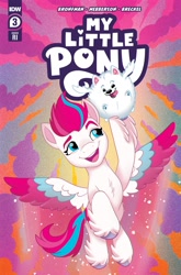 Size: 2063x3131 | Tagged: safe, artist:robin easter, idw, imported from derpibooru, zipp storm, pegasus, pony, cloudpuff, comic, comic cover, duo, female, flying, g5, mare, my little pony logo, official, text