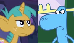 Size: 2048x1198 | Tagged: safe, edit, edited screencap, imported from derpibooru, screencap, snails, moose, unicorn, boast busters, season 1, angry, big ears, coincidence i think not, colt, comparison, foal, green mane, happy tree friends, lumpy, male