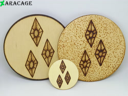 Size: 4000x3000 | Tagged: safe, artist:aracage, imported from derpibooru, rarity, badge, coaster, cutie mark, irl, no pony, photo, pyrography, traditional art