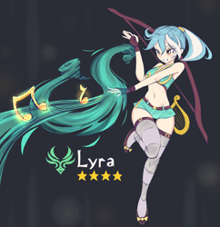 Size: 1290x1330 | Tagged: safe, artist:fajeh, imported from derpibooru, lyra heartstrings, human, bow (weapon), clothes, eye clipping through hair, female, genshin impact, humanized, lyre, music notes, musical instrument, shorts, smiling, solo