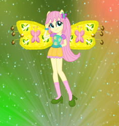 Size: 1297x1376 | Tagged: safe, artist:ketrin29, artist:user15432, imported from derpibooru, fluttershy, fairy, human, equestria girls, alternate hairstyle, barely eqg related, base used, believix, bracelet, clothes, crossover, element of kindness, fairy wings, fairyized, gradient background, hairpin, hand behind back, high heels, jewelry, looking at you, ponied up, shoes, socks, solo, sparkly background, sparkly wings, wings, winx, winx club, winxified, yellow wings
