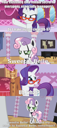 Size: 1280x2880 | Tagged: safe, artist:facelessjr, edit, edited screencap, imported from derpibooru, screencap, rarity, sweetie belle, pony, robot, robot pony, unicorn, annoyed, comic, female, filly, foal, glasses, jenny wakeman, mare, my life as a teenage robot, nora wakeman, rarity's glasses, screencap comic, sweetie bot