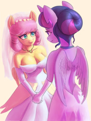 Size: 900x1200 | Tagged: safe, artist:grissaecrim, imported from derpibooru, fluttershy, twilight sparkle, alicorn, anthro, pegasus, alternate hairstyle, breasts, bride, busty fluttershy, choker, clothes, cute, dress, duo, female, hair bun, holding hands, jewelry, lesbian, lesbian couple, lesbian wedding, looking at each other, looking at someone, marriage, necklace, open-back dress, shipping, shyabetes, twiabetes, twilight sparkle (alicorn), twishy, wedding, wedding dress, wedding veil