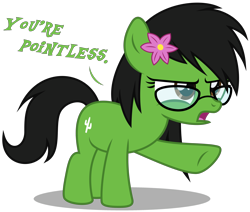 Size: 3780x3210 | Tagged: safe, artist:strategypony, imported from derpibooru, oc, oc only, oc:prickly pears, earth pony, pony, black mane, black tail, dialogue, earth pony oc, female, filly, flower, flower in hair, foal, glasses, green coat, meme, pointing, raised hoof, rule 63, simple background, tail, text, transparent background, you're pointless