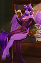 Size: 2186x3404 | Tagged: safe, artist:u_lu_lu, imported from derpibooru, twilight sparkle, alicorn, anthro, unguligrade anthro, bare shoulders, book, bookshelf, breasts, busty twilight sparkle, choker, cleavage, clothes, dress, evening dress, evening gloves, female, fingerless elbow gloves, fingerless gloves, gloves, hooves, leg focus, legs, long gloves, looking at you, side slit, solo, strapless, stupid sexy twilight, total sideslit, twilight sparkle (alicorn)