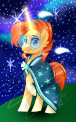 Size: 1280x2042 | Tagged: safe, artist:afterlight-sentryyt, imported from derpibooru, sunburst, pony, unicorn, cloak, clothes, facial hair, glasses, glowing, glowing horn, goatee, horn, male, night, raised leg, smiling, solo, stallion, stars, sunburst's cloak