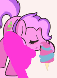 Size: 487x662 | Tagged: safe, artist:zonkpunch, edit, editor:pagiepoppie12345, imported from derpibooru, oc, oc only, oc:sweet strokes, eyes closed, food, ice cream, licking, rule 63, simple background, smiling, sugar brush, tongue out, white background