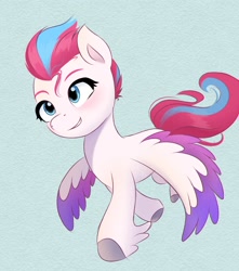 Size: 1536x1736 | Tagged: safe, artist:pipp_petal, imported from derpibooru, zipp storm, pegasus, pony, adorazipp, blue background, blushing, cute, eyebrows, feathered fetlocks, female, flapping wings, flying, g5, grin, mare, simple background, smiling, solo, spread wings, wings