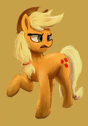 Size: 1068x1529 | Tagged: safe, alternate version, artist:phutashi, imported from derpibooru, applejack, earth pony, pony, annoyed, background removed, female, frown, mare, simple background, solo, yellow background