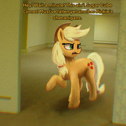 Size: 2000x2000 | Tagged: safe, artist:phutashi, imported from derpibooru, applejack, earth pony, pony, confused, crossover, dialogue, female, high res, implied pinkie pie, mare, parody, solo, talking to herself, the backrooms