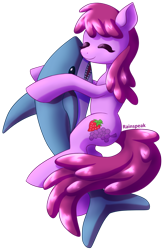 Size: 700x1070 | Tagged: safe, artist:rainspeak, imported from derpibooru, berry punch, berryshine, earth pony, pony, shark, berrybetes, blåhaj, commission, cute, eyes closed, female, hug, ikea, mare, plushie, shark plushie, simple background, transparent background