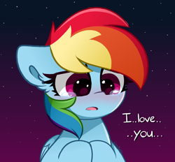 Size: 5474x5084 | Tagged: safe, artist:kittyrosie, imported from derpibooru, rainbow dash, pegasus, pony, ..., absurd resolution, blushing, cute, dashabetes, female, floppy ears, frown, i love you, mare, open mouth, sad, sadorable, signature, solo, stars, talking to viewer, teary eyes, text