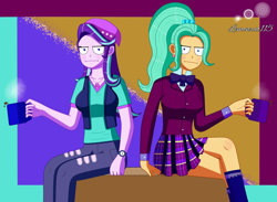 Size: 2048x1496 | Tagged: safe, artist:lemonzat115, imported from derpibooru, garden grove, starlight glimmer, human, equestria girls, :i, background human, clothes, coffee, coffee mug, crystal prep academy, crystal prep academy uniform, crystal prep shadowbolts, i mean i see, mug, pants, ripped pants, school uniform, shadowbolts, skirt, socks, torn clothes