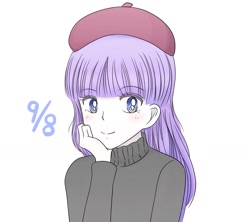 Size: 1593x1414 | Tagged: safe, artist:auntie_grub, imported from derpibooru, rarity, human, equestria girls, beatnik rarity, beret, clothes, female, hat, looking at you, simple background, smiling, smiling at you, solo, sweater, white background