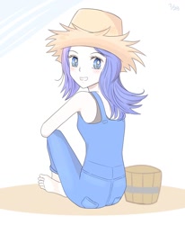 Size: 1850x2250 | Tagged: safe, artist:auntie_grub, imported from derpibooru, rarity, human, equestria girls, barefoot, blushing, bucket, clothes, feet, female, grin, hat, looking at you, looking back, looking back at you, overalls, rarihick, simple background, smiling, smiling at you, solo, straw hat, white background