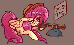 Size: 3255x2000 | Tagged: safe, artist:solid shrimp, imported from derpibooru, fluttershy, pegasus, pony, /mlp/ tf2 general, bazaar bargain, glasses, gun, hat, rifle, simple background, sniper, sniper rifle, snipershy, solo, team fortress 2, weapon