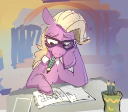 Size: 1220x1073 | Tagged: safe, artist:alumx, imported from derpibooru, grace manewitz, earth pony, pony, crossword puzzle, desk, female, hoof on chin, mare, mouth hold, pencil, solo