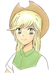 Size: 957x1263 | Tagged: safe, artist:auntie_grub, imported from derpibooru, applejack, human, equestria girls, applejack's hat, cowboy hat, female, hat, looking at you, simple background, smiling, smiling at you, solo, white background