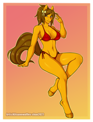 Size: 900x1184 | Tagged: safe, artist:kitsunewaffles-chan, imported from derpibooru, oc, oc only, oc:alto tuner, anthro, earth pony, unguligrade anthro, belly button, bikini, breasts, clothes, commission, digital art, female, gradient background, looking at you, pose, solo, swimsuit, tail, thighs, wide hips