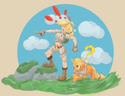 Size: 2588x1988 | Tagged: safe, artist:applephil, imported from derpibooru, applejack, earth pony, human, pony, arrow, big nose, boots, clothes, duo, exclamation point, female, gloves, hat, human ponidox, humanized, mare, midriff, pith helmet, pointing, self paradox, self ponidox, shoes, shorts