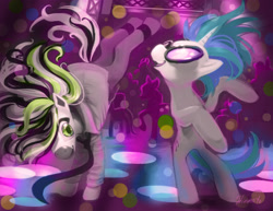 Size: 3300x2550 | Tagged: safe, artist:hinoraito, imported from derpibooru, dj pon-3, vinyl scratch, oc, oc:jack hyperfreak, zebra, clothes, dancing, nightclub, rave, suit, vinylfreak