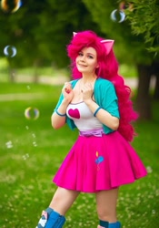 Size: 757x1080 | Tagged: safe, artist:luckycharm47, imported from derpibooru, pinkie pie, human, equestria girls, beautiful, beautiful eyes, beautiful hair, breasts, bubble, cleavage, clothes, cosplay, costume, irl, irl human, photo, pinkie pie hair, solo, stupid sexy pinkie