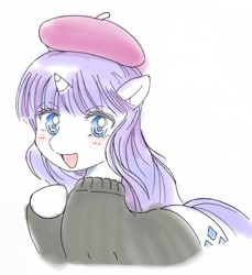 Size: 1173x1280 | Tagged: safe, artist:auntie_grub, imported from derpibooru, rarity, pony, unicorn, beatnik rarity, beret, clothes, female, hat, horn, looking at you, mare, open mouth, open smile, simple background, smiling, smiling at you, solo, sweater, white background