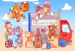 Size: 4096x2787 | Tagged: safe, artist:cocopudu, imported from derpibooru, oc, oc only, oc:sherbet, oc:snickerdoodle, oc:sprinkle bug, bug pony, earth pony, insect, pegasus, pony, unicorn, amputee, box, cardboard box, female, flying, male, mare, moving, moving van, stallion, van, wheelchair