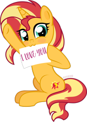 Size: 5000x7006 | Tagged: safe, artist:n0kkun, imported from derpibooru, sunset shimmer, pony, unicorn, equestria girls, absurd resolution, blushing, cute, female, mare, mouth hold, raised hoof, shimmerbetes, sign, simple background, sitting, transparent background, vector