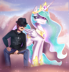 Size: 2016x2128 | Tagged: safe, artist:opal_radiance, imported from derpibooru, princess celestia, oc, oc:kertz, alicorn, human, pony, clothes, cloud, cloudsdale, commission, crown, duo, duo male and female, electronic gems, facial hair, female, hat, high res, hoof shoes, human oc, jewelry, lithuanian, male, mare, moustache, necklace, pants, peytral, regalia, shoes, sitting, smiling, sunglasses