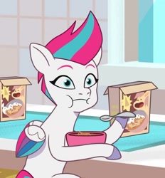 Size: 1479x1591 | Tagged: safe, imported from derpibooru, screencap, zipp storm, pegasus, pony, spoiler:g5, spoiler:my little pony: tell your tale, spoiler:tyts01e09, :i, bowl, cereal box, cropped, eating, female, g5, it's t.u.e.s. day, mare, my little pony: tell your tale, solo, spoon