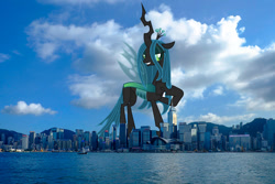 Size: 1024x683 | Tagged: safe, artist:90sigma, artist:thegiantponyfan, imported from derpibooru, queen chrysalis, changeling, changeling queen, crown, female, giant changeling, giantess, highrise ponies, hong kong, irl, jewelry, looking at you, macro, mega giant, photo, ponies in real life, regalia, smiling, solo