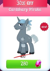 Size: 321x454 | Tagged: safe, idw, imported from derpibooru, screencap, pony, unicorn, bandage, bandana, blue eyes, cardship pirate, game screencap, gameloft, gem, gray coat, gray mane, gray tail, idw showified, my little pony: magic princess, piercing, pirate, unnamed character, unnamed pony