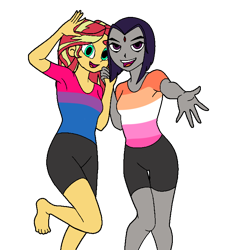 Size: 768x768 | Tagged: safe, artist:thatradhedgehog, imported from derpibooru, sunset shimmer, human, equestria girls, barefoot, bisexual pride flag, clothes, compression shorts, crossover, crossover shipping, dc comics, feet, female, lesbian, lesbian pride flag, pride, pride flag, raven (dc comics), shimrav, shipping, shorts, simple background, teen titans, transparent background