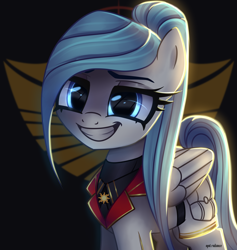 Size: 2016x2128 | Tagged: safe, artist:opal_radiance, imported from derpibooru, oc, oc only, oc:opal rosamond, pegasus, pony, clothes, eyebrows, female, grin, happy, high res, looking at you, mare, military uniform, pegasus oc, signature, smiling, smiling at you, solar empire, solo, uniform