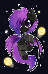 Size: 1413x2157 | Tagged: safe, artist:oofycolorful, imported from derpibooru, oc, oc only, oc:astral bulb, bat pony, hybrid, pegasus, pony, abstract background, bat pony oc, chest fluff, commission, cute, eye clipping through hair, female, floating, hair over one eye, lightbulb, pegabat, solo
