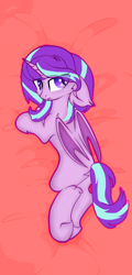 Size: 712x1488 | Tagged: safe, artist:coraline0101, artist:little-sketches, imported from derpibooru, starlight glimmer, alicorn, bat pony, bat pony alicorn, pony, alicornified, base used, bat wings, bed sheets, commission, female, floppy ears, glimbat, horn, looking at you, looking back, looking back at you, mare, missing cutie mark, race swap, solo, species swap, starlicorn, wings, ych result