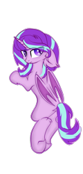 Size: 712x1488 | Tagged: safe, alternate version, artist:coraline0101, artist:little-sketches, imported from derpibooru, starlight glimmer, alicorn, bat pony, bat pony alicorn, pony, alicornified, base used, bat wings, commission, female, floppy ears, glimbat, horn, looking at you, looking back, looking back at you, mare, missing cutie mark, race swap, simple background, solo, species swap, starlicorn, transparent background, wings, ych result