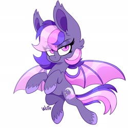 Size: 2048x2048 | Tagged: safe, artist:wutanimations, imported from derpibooru, oc, oc only, oc:midnight mist, bat pony, pony, bat pony oc, bedroom eyes, commission, ear fluff, female, flying, looking at you, signature, simple background, spread wings, white background, wings