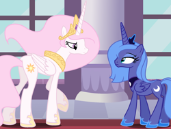 Size: 1776x1344 | Tagged: safe, artist:cookieteayt, imported from derpibooru, princess celestia, princess luna, alicorn, pony, base used, crown, duo, female, hoof shoes, jewelry, long mane, mare, peytral, pink-mane celestia, princess shoes, raised hoof, regalia, s1 luna, slim, tiara