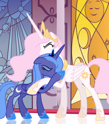 Size: 1478x1684 | Tagged: safe, artist:cookieteayt, imported from derpibooru, princess celestia, princess luna, alicorn, pony, base used, eyes closed, female, hoof shoes, hug, indoors, jewelry, mare, peytral, pink-mane celestia, s1 luna, tiara