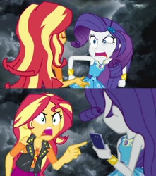 Size: 1870x2113 | Tagged: safe, imported from derpibooru, rarity, sunset shimmer, human, equestria girls, equestria girls series, forgotten friendship, rollercoaster of friendship, text support, text support: rarity, angry, cellphone, geode of empathy, geode of shielding, magical geodes, meltdown, phone, pointing, rage, rageset shimmer, rarirage, rarisnap, rarity peplum dress, yelling