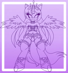 Size: 1114x1203 | Tagged: safe, artist:nancher, imported from derpibooru, oc, oc only, alicorn, anthro, unguligrade anthro, alicorn oc, clothes, corset, eyelashes, female, gradient background, horn, jewelry, smiling, solo, spread wings, tiara, wings
